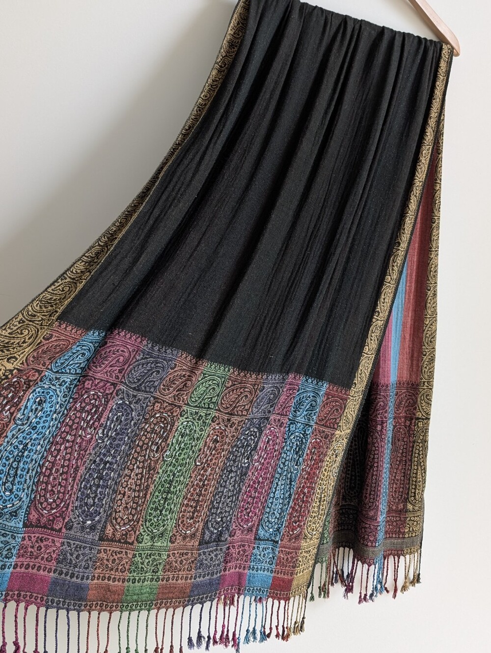 Solitaire Reversible Beaded Large Soft Scarf With Fringe Black Multicolour